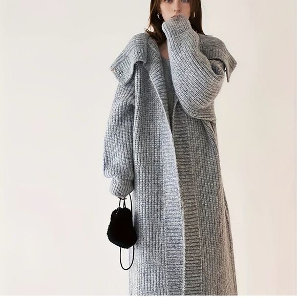 Zara Chunky Knit Open Fronted Grey Long Cardigan Jacket Wool Blend - Small